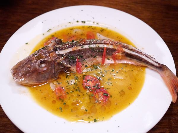 ホウボウと新玉ねぎ、チェリートマトの煮込み