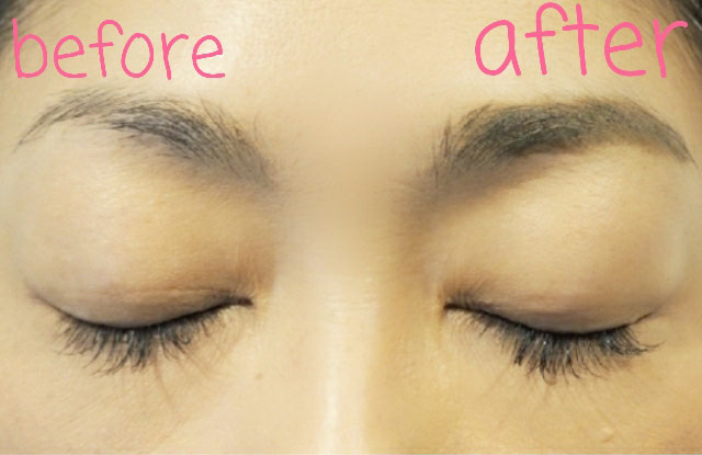 向かって右側がポマードクレヨンで描き足した眉