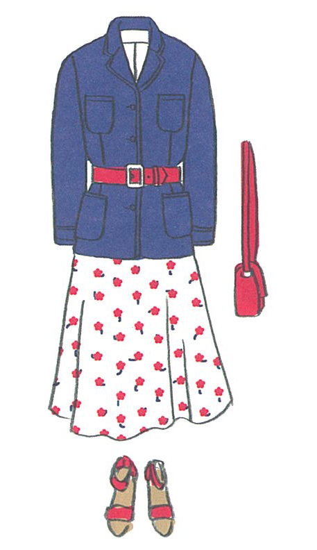 サブカラーの赤を入れた3色コーディネート／ネイビー、白、赤