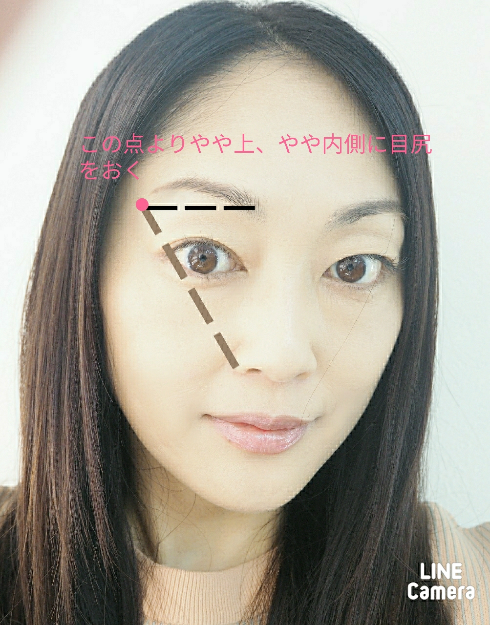 眉尻の位置は、小鼻と目尻を結ぶ線上に
