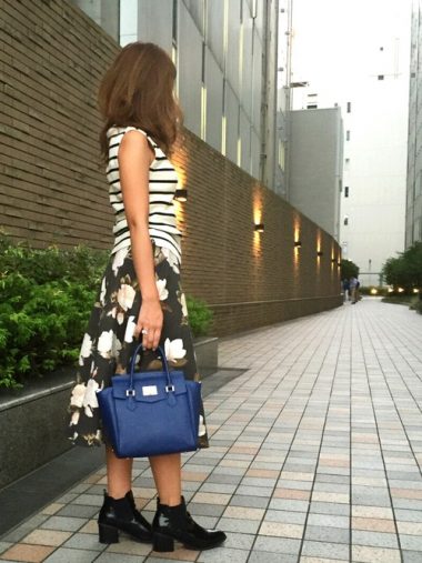 花柄スカート+ボーダー