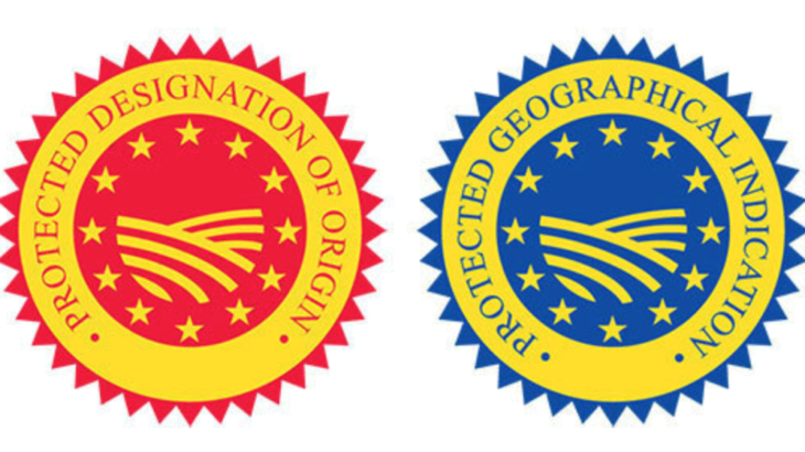 左：DOPマーク（保護指定原産地表示）／右：IGPマーク（指定原産地表示）