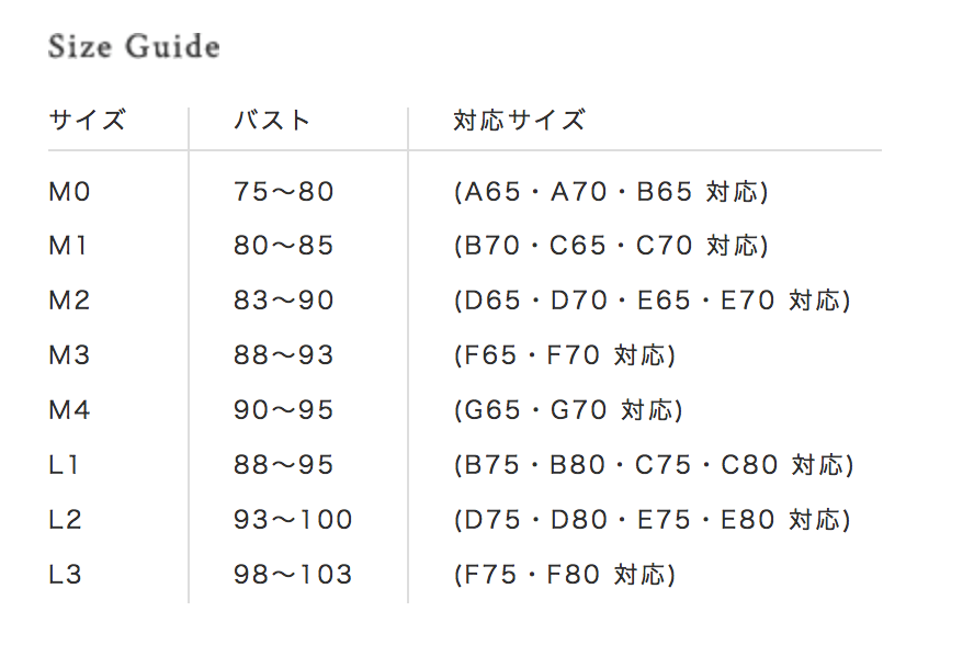 ドレスイージーブラ　サイズ表