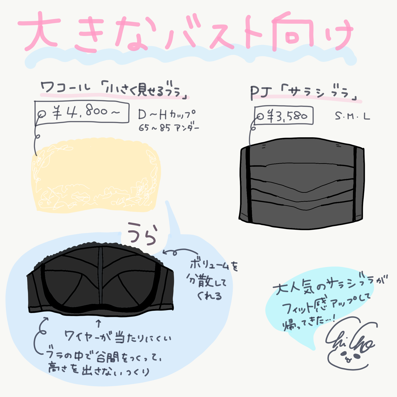 ワコール「小さく見せるブラ　ストラップレスタイプ　１／２カップブラ」￥4,800、ピーチジョン「ＮＥＷさらしブラ　バンドゥブラ」￥3,580