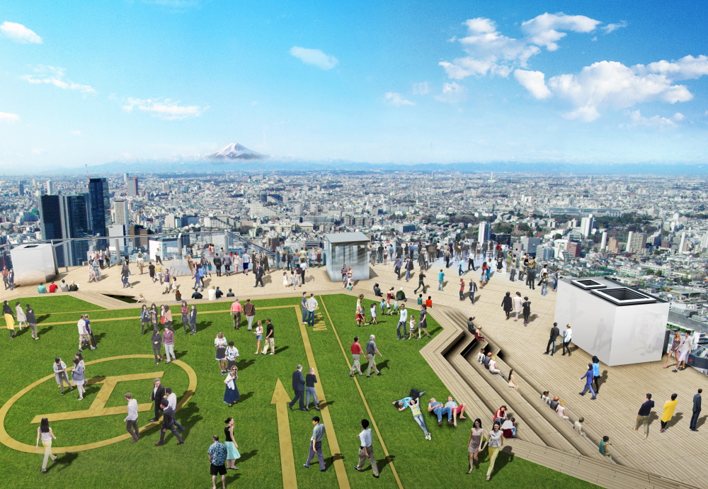 渋谷スクランブルスクエア第I期（東棟）SHIBUYA SKY　屋上展望空間と富士山の眺望イメージ
