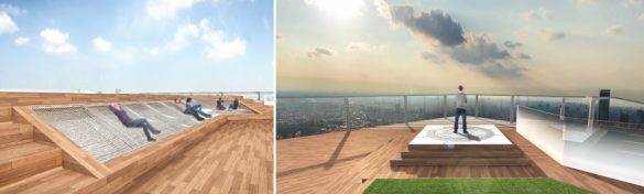 渋谷スクランブルスクエア第I期(東棟)SHIBUYA SKY 左:「CLOUD HAMMOCK」イメージ、右:「GEO COMPASS」イメージ