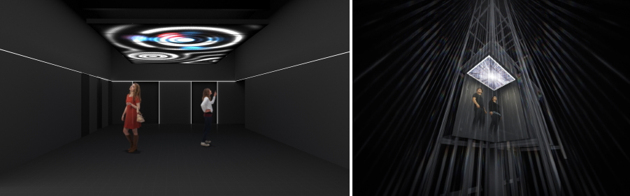 渋谷スクランブルスクエア第I期（東棟）SHIBUYA SKY　左：「SENSING HALL」イメージ、右：「TRANSITON POD」イメージ