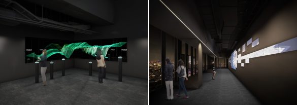 渋谷スクランブルスクエア第I期(東棟)SHIBUYA SKY 左:「TIME RIVER」イメージ、右:「DATA SCAPE」イメージ