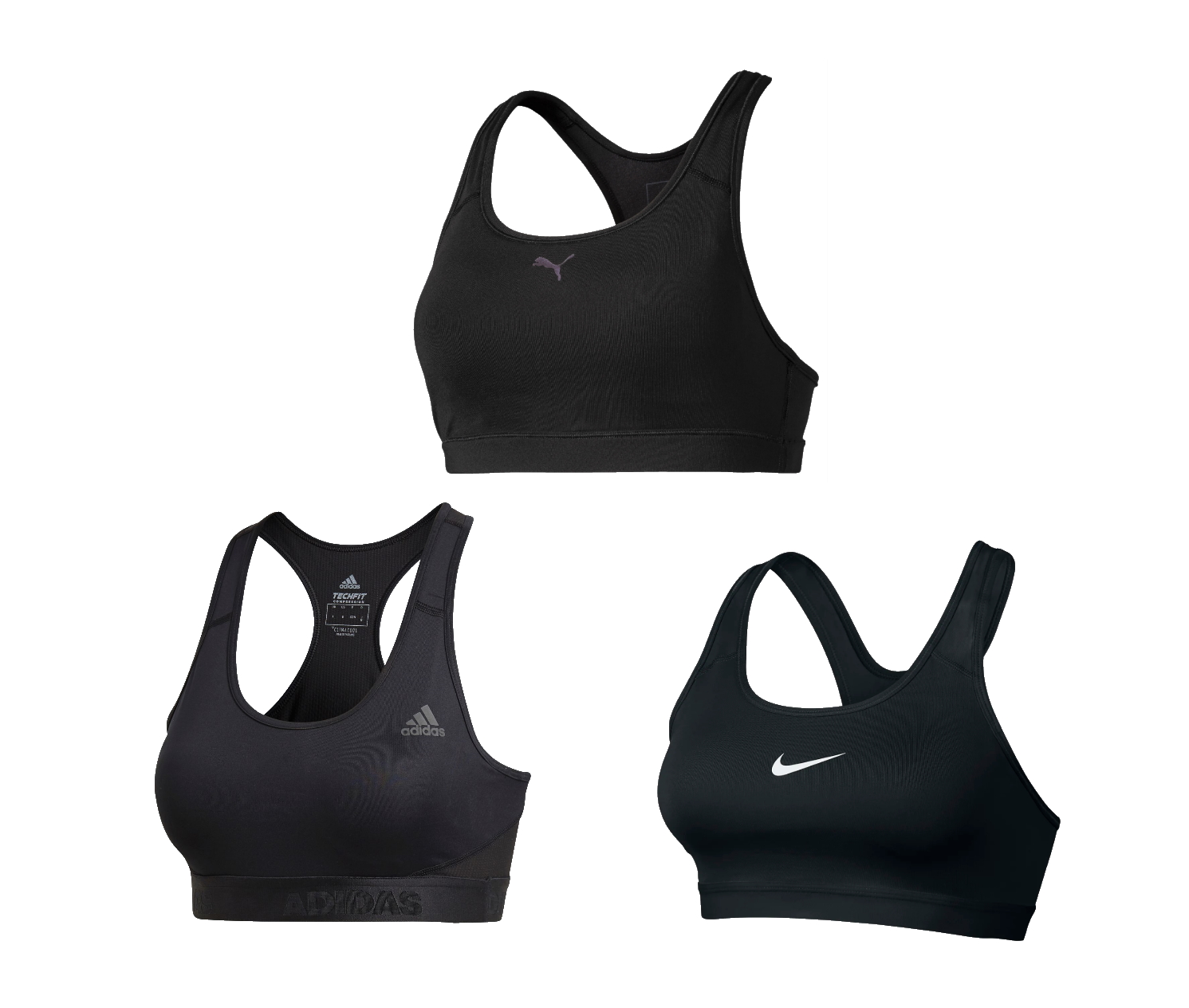 アディダス「ミディアムサポート アルファスキン TEAM DRST スポーツブラ」¥3,619 プーマ「A.C.E. 4キープ ウィメンズ ブラトップ ミディアムサポート」¥4,070 ナイキ「クラシック パデッド」￥3,850