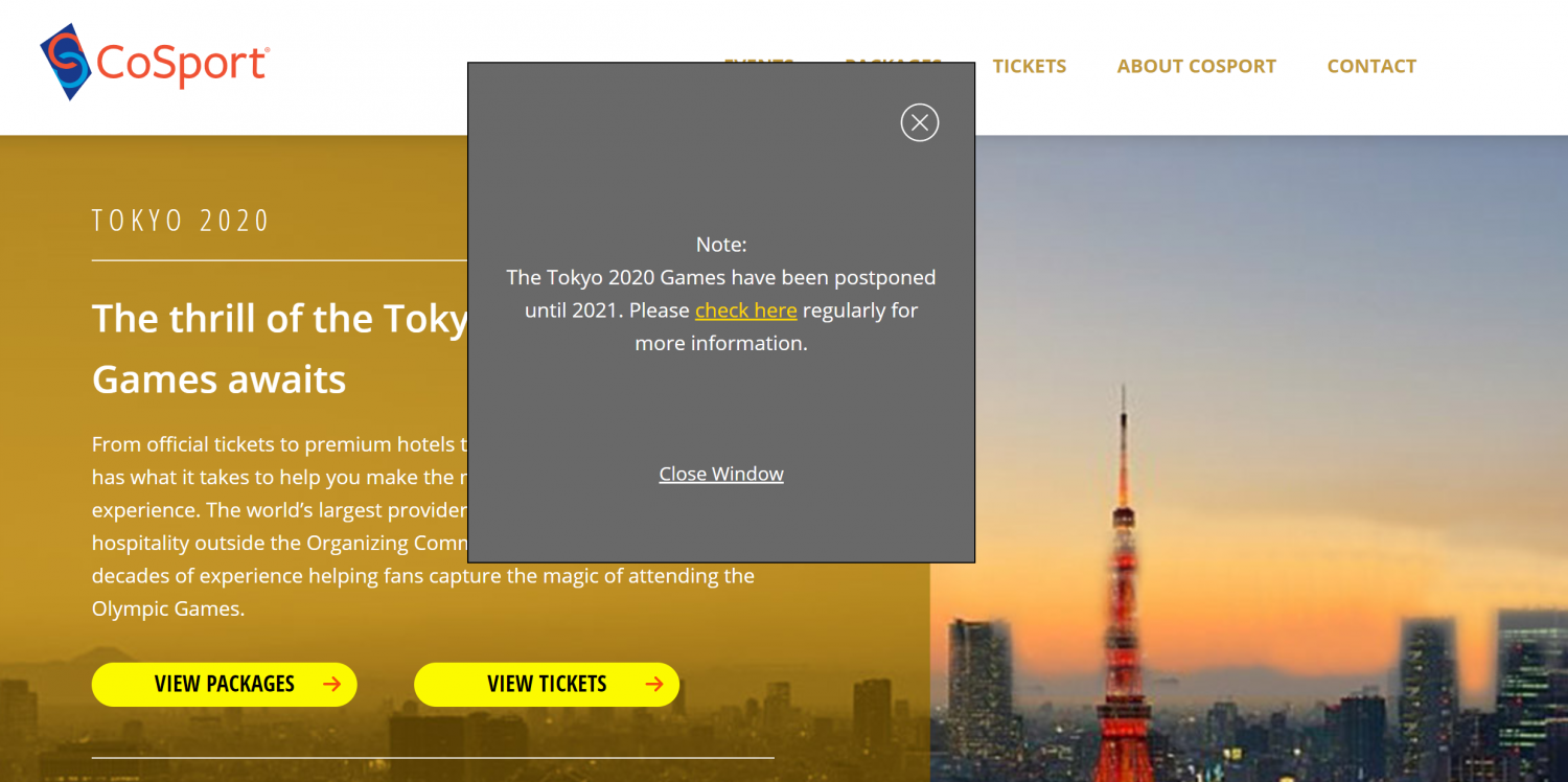 アメリカでの五輪公式チケット販売業者のページに延期のお知らせ（※画像：「CoSport」公式サイトより）