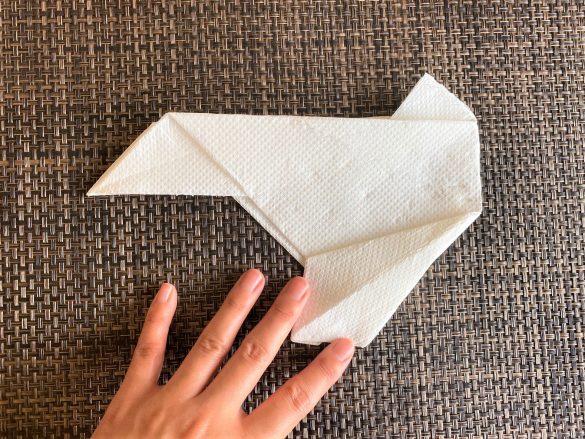 (12-3)右下の角を折り広げたら、鶴を折るときのように開きます。