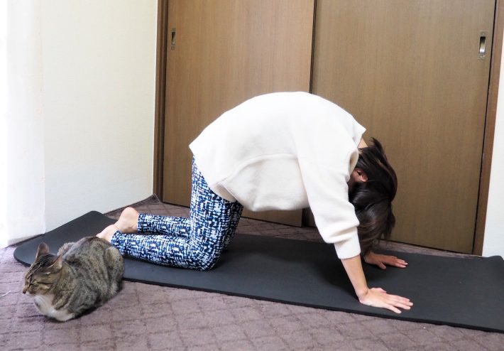 (3)息を吐きながら骨盤を後傾させて背中を丸め、ヘソを見るようにする