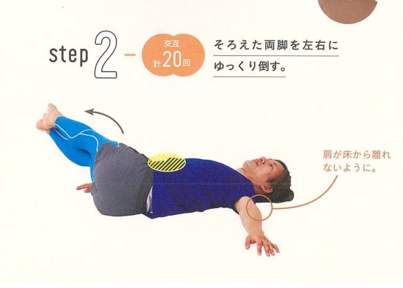 2. そろえた両脚を左右にゆっくり倒す。交互計20回。