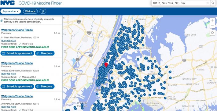 ニューヨークの接種予約サイトでファイザー製ワクチンに絞って検索してみたところ、予約可能は200ヶ所以上