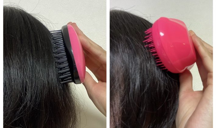左：ブラシの一部が頭皮に当たる（ダイソー） 右：ピタッと密着（タングルティーザー）