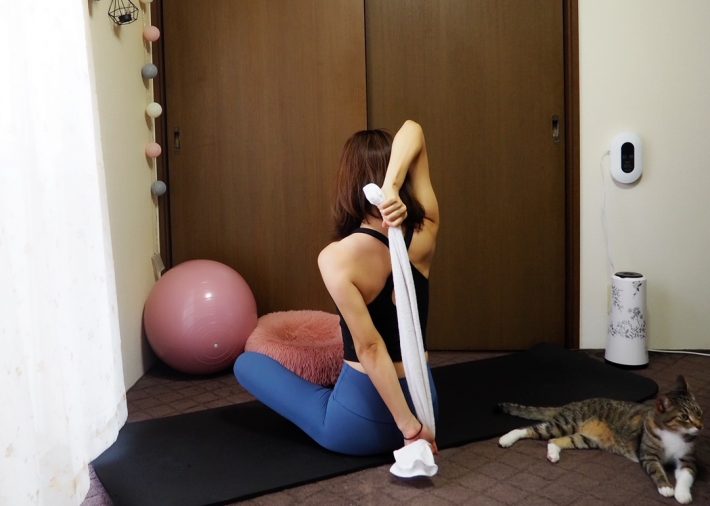 余裕がある場合2：左ひじを伸ばして引き下げてみましょう。