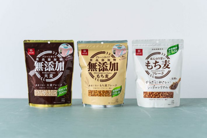 ほんのり甘いもち麦フレーク黒糖味・あまくないもち麦フレーク・あまくない大麦フレーク