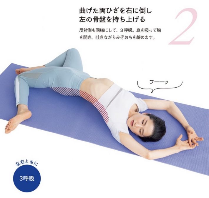 2. 曲げた両ひざを右に倒し左の骨盤を持ち上げる。