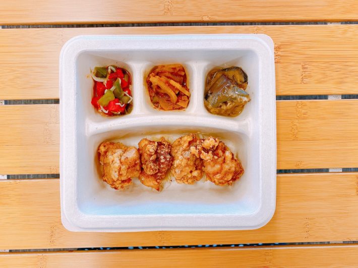 にんにく醤油から揚げ､じゃこピーマン､蓮根きんぴら､なすのおろし生姜