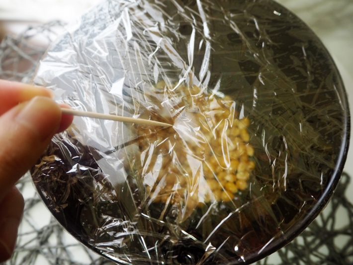 STEP4：その上からさらに2枚、ラップをかけたら、つまようじで数ヶ所穴をあけます。