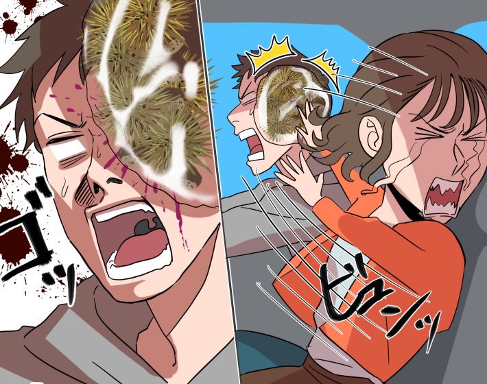 彼の顔面に栗がヒット