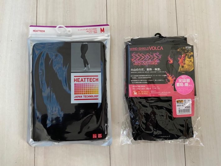 左：ユニクロの「ヒートテックレギンス」／右：ワークマンの「レディースウィンドシールドボルカレギンス」