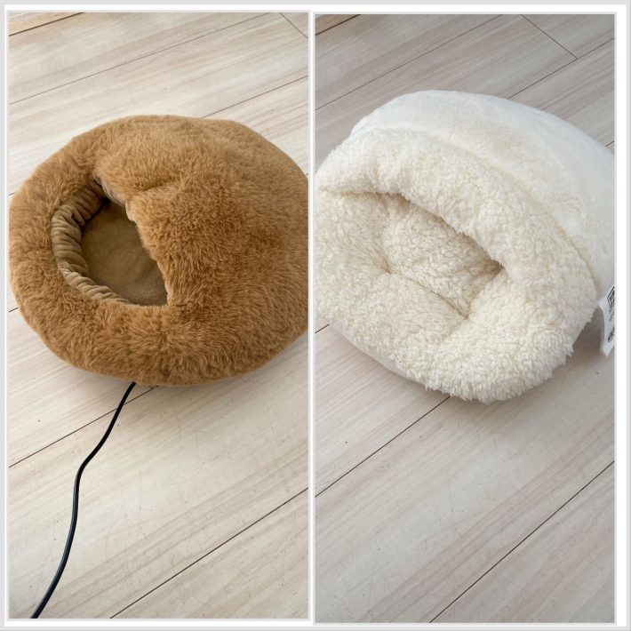左：ダイソーの「UBS式フットウォーマー」（税込1,100円）／右：ニトリの「足ポカクッション」（税込1,490円）