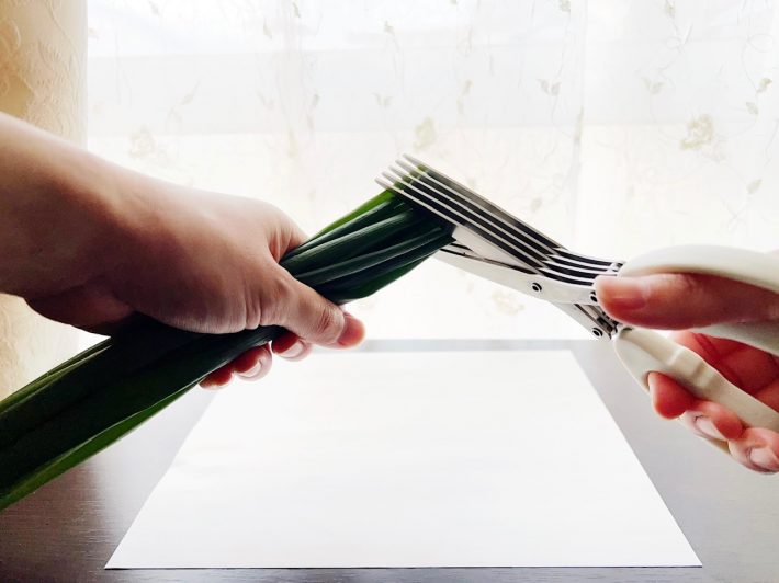 小ねぎの先端に刃を合わせて切る