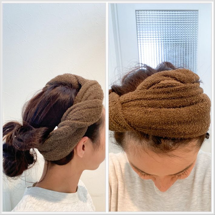 左：サイドの幅が余裕で巻けた　右：余ったタオルを折り込んで