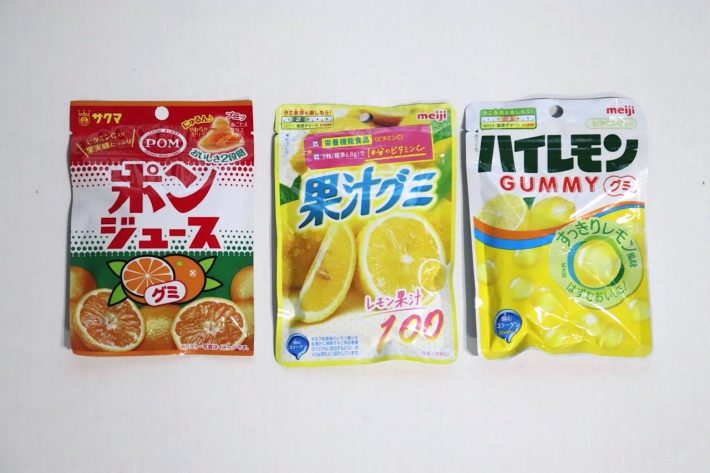 「ポンジュースグミ」、「果汁グミレモン味」、「ハイレモングミ」