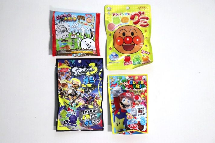 「にゃんこ大戦争グミ」、「アンパンマングミ」、「スプラトゥーン3グミ」、「スーパーマリオグミ」