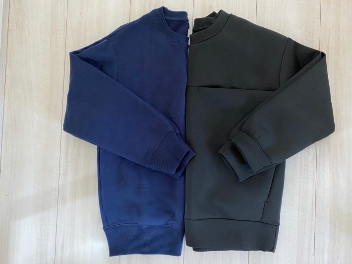 左：ユニクロ「ウルトラストレッチスウェットシャツ」（税込1990円）／右：ワークマン「ダブルフェイスビッグシルエットプルオーバージュニア」（税込980円）