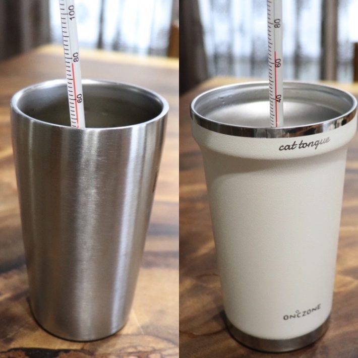（左）ステンレスボトル：78℃、（右）猫舌専科タンブラー：66℃