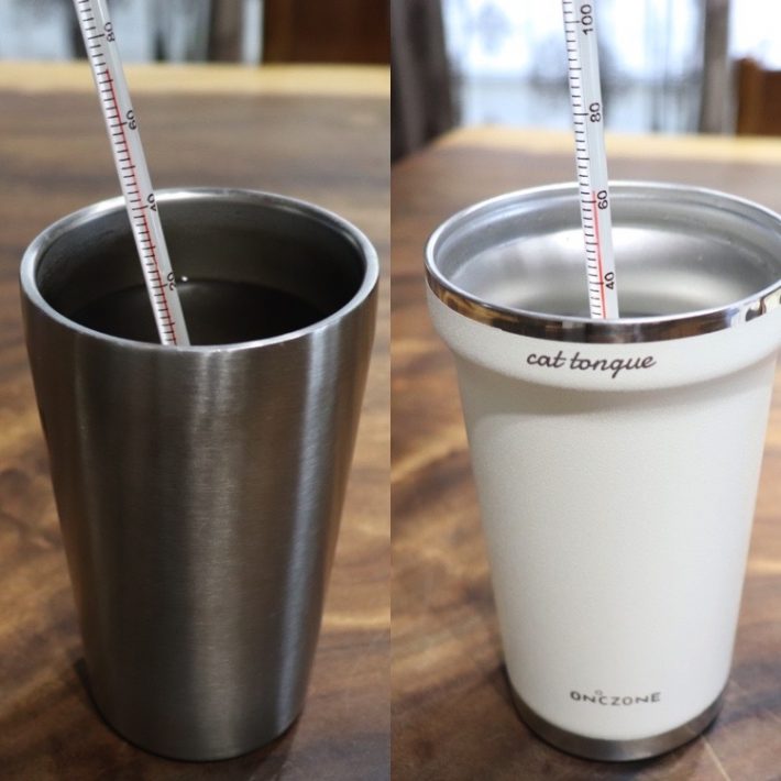 （左）他社のステンレスタンブラー：72℃、（右）猫舌専科タンブラー：62℃