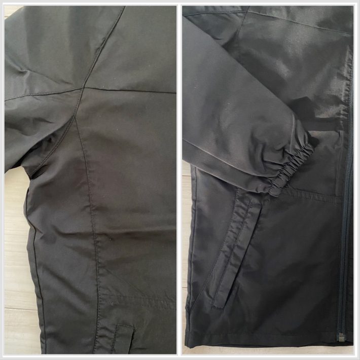 左：脇下から裾にかけてのライン　右：袖口のゴム部分