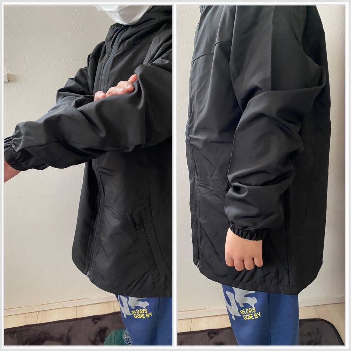 左：腕まくりしてみる　右：腕を下に下ろすとかなりダボダボ