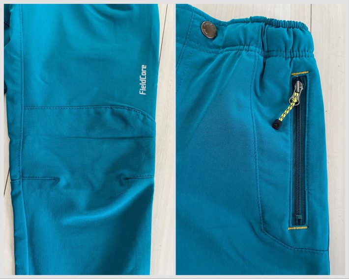 左：膝の部分に余裕を持たせた縫合　右：ポケット部分にチャックとファスナーに紐付き