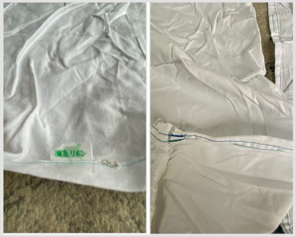 左:東急リネンのタグ 右:ミシンで縫われた青い糸