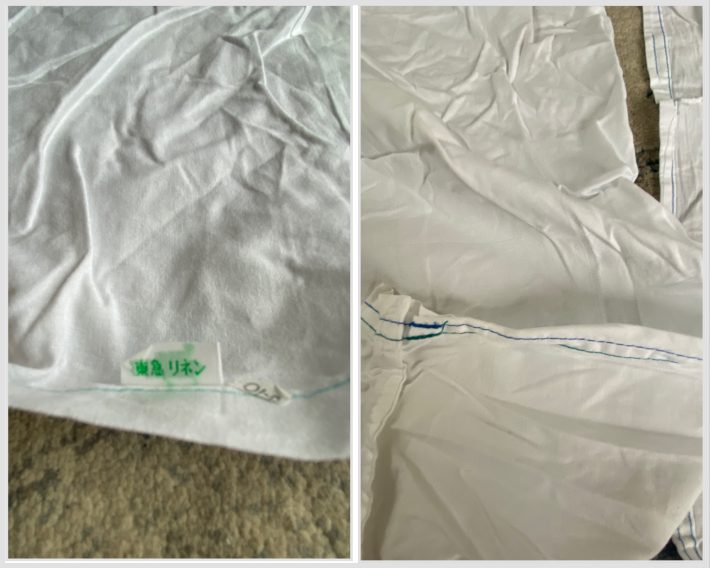 左：東急リネンのタグ　右：ミシンで縫われた青い糸