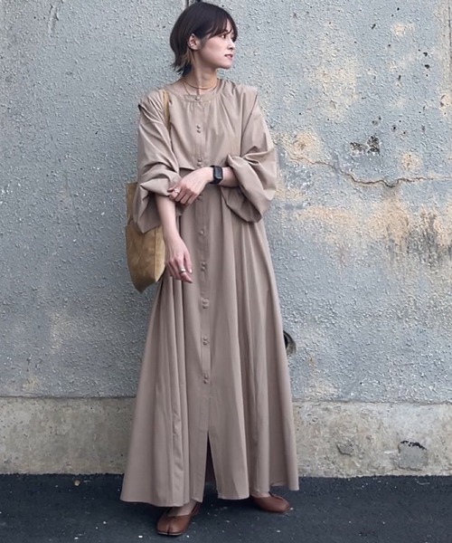 バンドカラーロングシャツワンピース