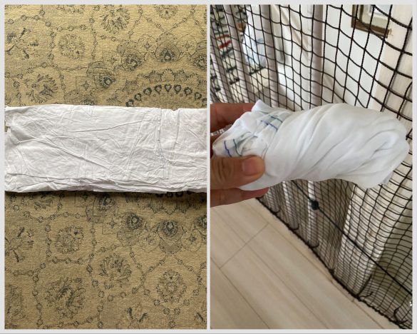 左：畳んだウエス1枚　右：濡らして絞ったウエス