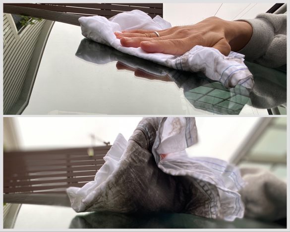 上：フロントガラスを拭く前　下：拭いた後　