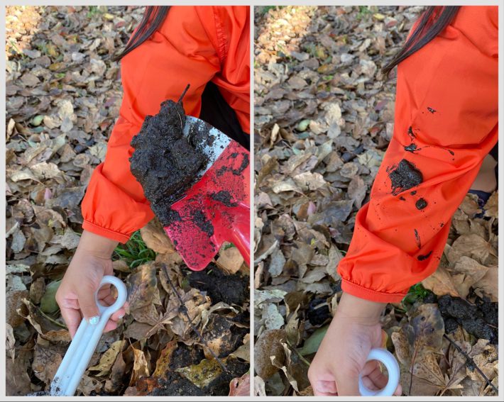 左：普通のウインドブレーカーに泥をかけた　右：普通のウインドブレーカーに泥をかけた後