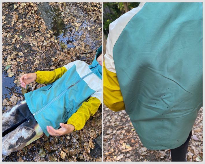 左：泥の上に寝そべる息子　左：泥の上に寝た後