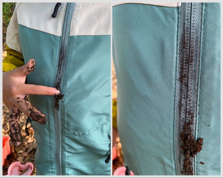 左：チャック部分に泥をつけてみたところ　右：チャック部分に泥をつけた後