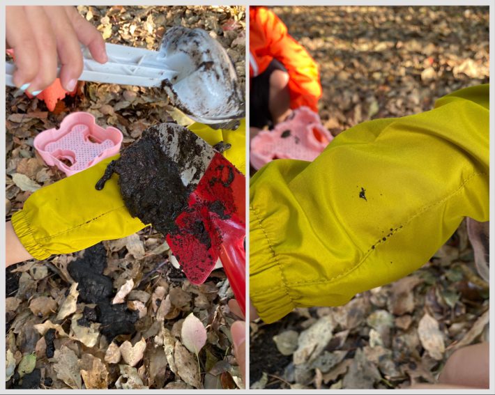 左：泥をかけてみる　右：スッと落ちる泥