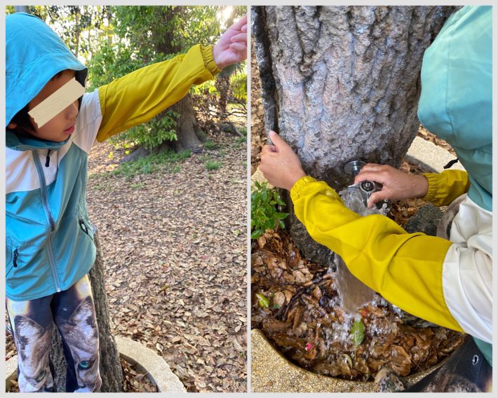 左：不思議がり袖を確認する息子　右：何度も水をかけ続ける姿