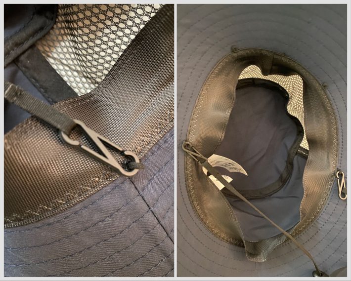 左：ワークマンハット　あご紐の取り外し部分　右：ワークマンハット　後ろ部分のゴム穴　