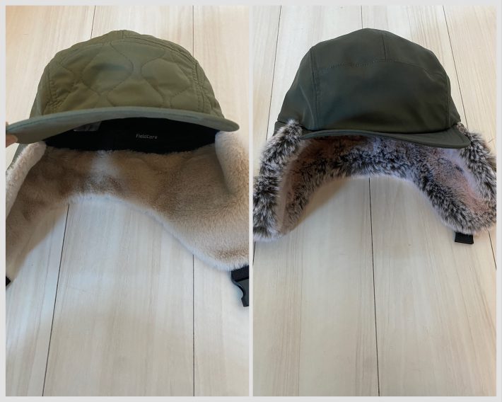 左：ワークマン「防風・撥水ストレッチフライトキャップ」（税込1280円） ／ 右：ジーユー「フライトキャップ」（税込1490円）