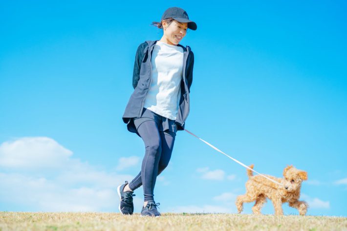 スポーツウェアで犬の散歩をする女性